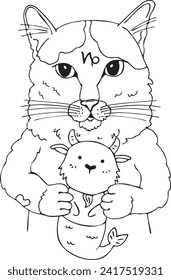 Coloring illustration of a Cartoon Zodiac cat cradling a cute Capricorn in its paws - Vector zodiac artwork