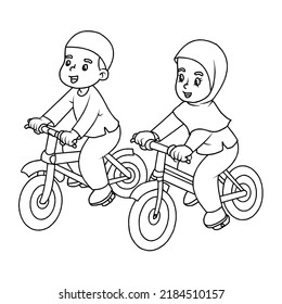 coloring illustration of a child riding a bicycle