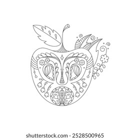 Colorear ilustración. Estilo Doodle. Dibujo lineal de una manzana con Elementos decorativos, motivos florales y de hojas, remolinos. Cuento de hadas y aspecto orgánico.