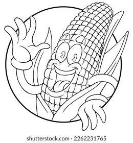 coloring illustration of happy corn mascot