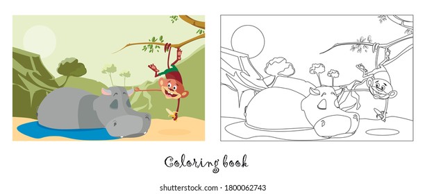 coloring illustration for kids. caricature hippopotamus and monkey