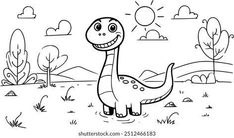 Coloring illustration of a Mamenchisaurus,a long-necked dinosaur from the Jurassic period. Perfect for kids and dinosaur enthusiasts,this black-and-white outline offers fun and creativity for coloring