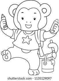 Coloring Illustration of a Monkey Student with Backpack and Holding Crayons, Paintbrush and a Can of Paint