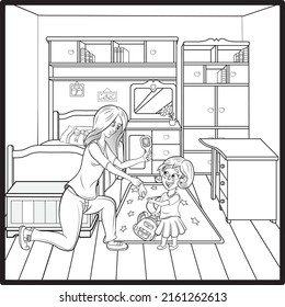 Coloring illustration of a Mother getting her daughter ready to go to school.