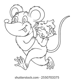 coloring illustration of mouse carrying cheese
