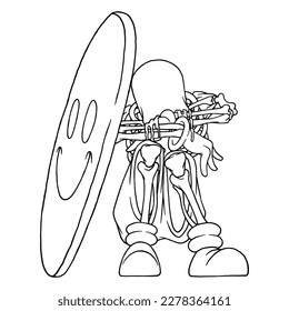 Coloring illustration of skeleton crying behind the smile