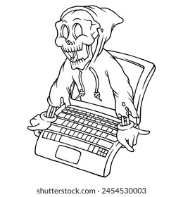 coloring illustration of skeleton emerging from laptop