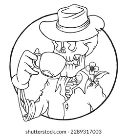 coloring illustration of skeleton holding a coffee cup