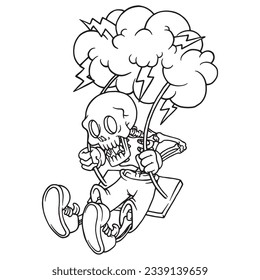 coloring illustration of skeleton on swing and storm cloud