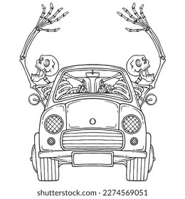 coloring illustration of skeletons riding a car