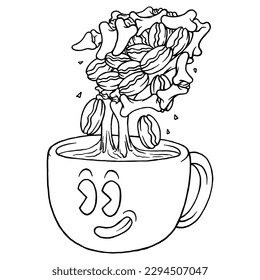 coloring illustration of skull hand emerging from coffee cup mascot