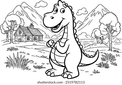 Ilustración para colorear de un dinosaurio sonriente de pie en una escena alegre, rodeado de Elementos juguetones. Perfecto para libros de actividades infantiles, este divertido diseño despierta creatividad y alegra el arte joven