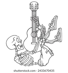 coloring illustration of upside down skeleton playing guitar