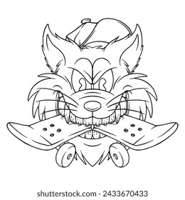 coloring illustration of wolf biting a skateboard
