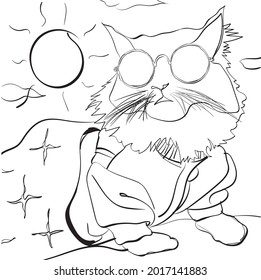 ilustración colorante, el gato sale de la manta para deleitarse en el caluroso día soleado