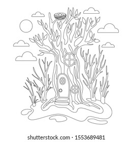 Coloring image for kids. Fairytale house. Silhouette linear image for kids coloring