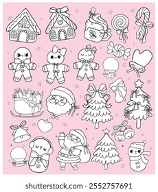 Coloring image Set of Coquette Christmas Gingerbread house, Gingerbread man and candy, Black and White Doodle Hand Drawn