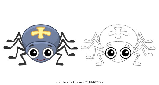 Farbinsekt für Kinder Farbbuch. Die sonnige Spinne im Cartoon-Stil. Zeichnen Sie die Punkte ab und färben Sie das Bild.