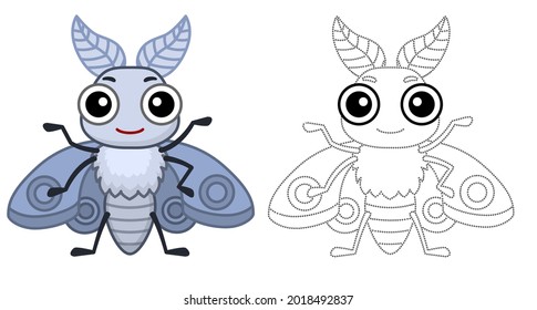 Coloring Insect for children coloring book. Funny moth in a cartoon style. Trace the dots and color the picture