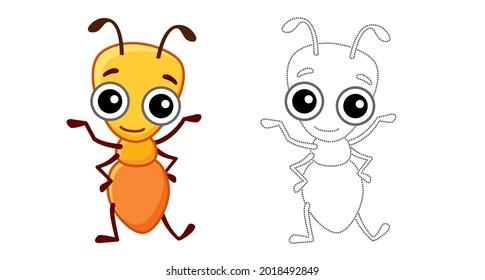 Colorante Insecto para niños coloreando libro. Hormiga divertida al estilo de una caricatura. Rastrear los puntos y colorear la imagen