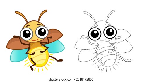 Coloring Insect for children coloring book. Funny firefly in a cartoon style. Trace the dots and color the picture