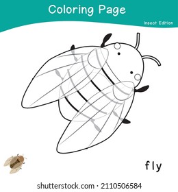 Coloring insects worksheet page. Educational printable coloring worksheet. Coloring game for preschool children. Black and white vector illustration. Motor skills education.
