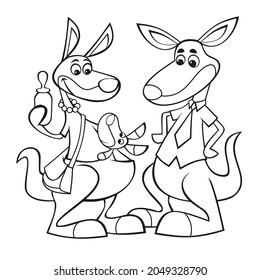 Coloring. Kangaroo family with baby kangaroo. Black outline. Vector illustration.