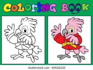 Coloring, karate parrot. Cartoon Vector Illustration.
