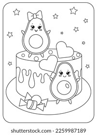 Coloring  Kawaii Cake   funny avocado halves  Hearts   candies  Vector illustration 