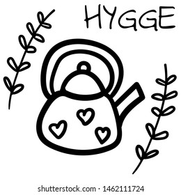 Coloring Kettle with hearts pattern. Hygge style. Home comfort. Cozy Vector illustration