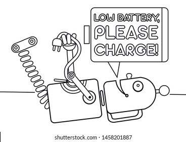 Coloring for kids and adults on a topic of RPA.  Robot asking charging. Vector.