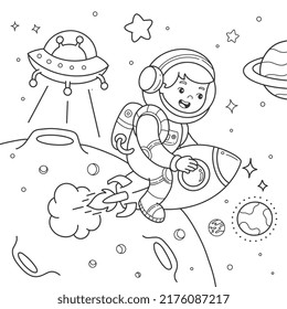 Coloring of kids Astronaut in a spacesuit with the planet and alien spaceship