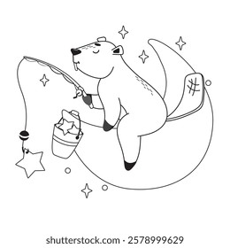 coloring for kids, beaver catches a star, beaver sits on the moon, stars, coloring fairy tale, fairy tale children, magical, task for children, illustration, cute beaver, fairy tale character