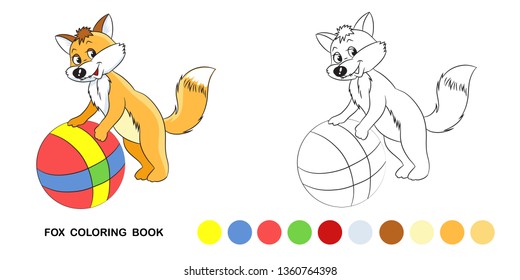 Coloring for kids in black and white. Vector illustration of a fox playing with a ball