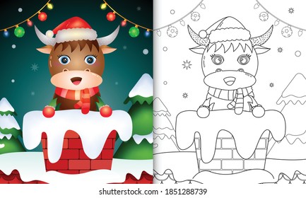 coloring for kids with a cute buffalo using santa hat and scarf in chimney