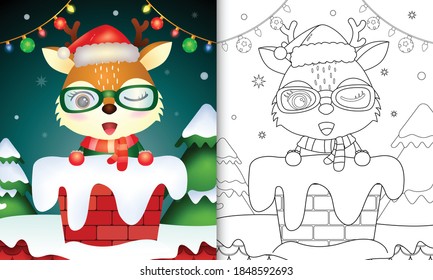 coloring for kids with a cute deer using santa hat and scarf in chimney