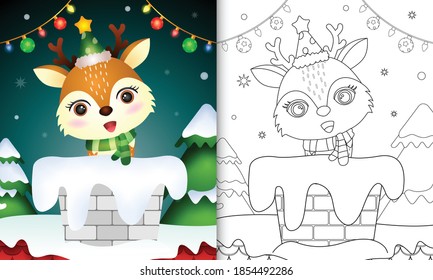 coloring for kids with a cute deer using santa hat and scarf in chimney