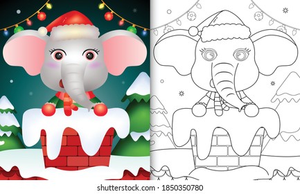 colorido para niños con un elefante lindo usando sombrero santa y bufanda en chimenea