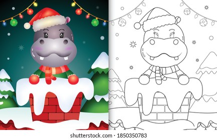coloring for kids with a cute hippo using santa hat and scarf in chimney