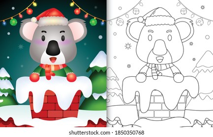 coloring for kids with a cute koala using santa hat and scarf in chimney