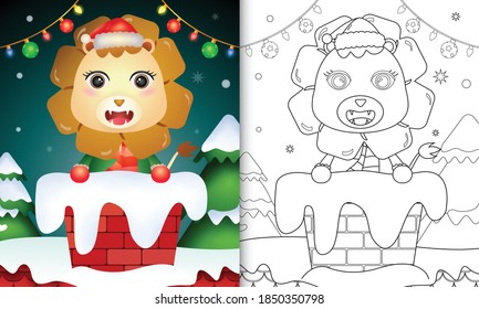 colorido para niños con un león lindo usando sombrero santa y bufanda en chimenea
