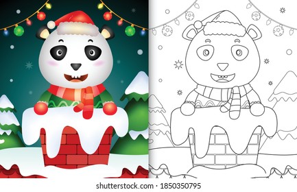 Farbgebung für Kinder mit süßem Panda mit Santamütze und Schal im Schornstein
