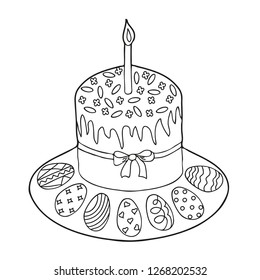 Coloring for kids. Easter cake with eggs. Hand drawn. Black and white vector illustration.