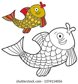 Coloring for kids. A fish. Background, applique, sticker, embroidery, Hand drawn. Black and white vector illustration with a pattern for coloring.