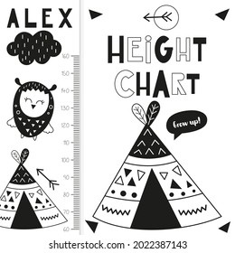 Coloring kids height measure with cute owls. Heights for school, kindergarten, nursery design. Vector illustration. Coloring page.