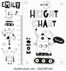 Coloring kids height measure with cute robots. Heights for school, kindergarten, nursery design. Vector illustration.