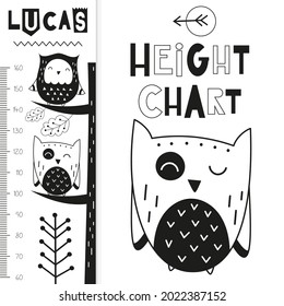 Coloring kids height meter with cute owls. Heights for school, kindergarten, nursery design. Vector illustration. Coloring page.