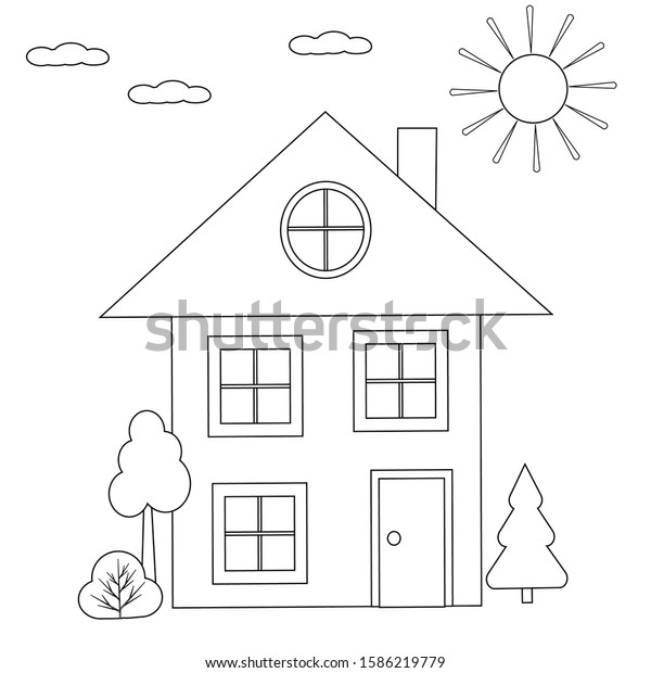 Coloring Kids House Trees Sky Sun Stock Vector Royalty Free 1586219779