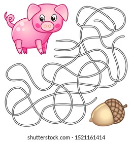 Coloring for kids maze game. Find the way of the pig to the acorn.