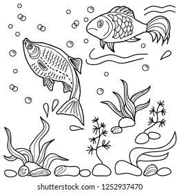 Coloring for kids. Sea creatures. Fish. Hand drawn. Black and white vector illustration.